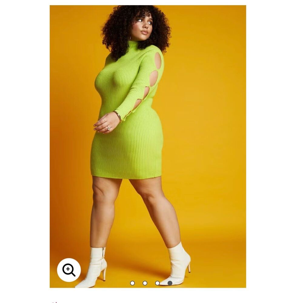 Bright Neon Green ELOQUII Bodycon Long Sleeve Cutout Mini Sweater Dress - 18/20